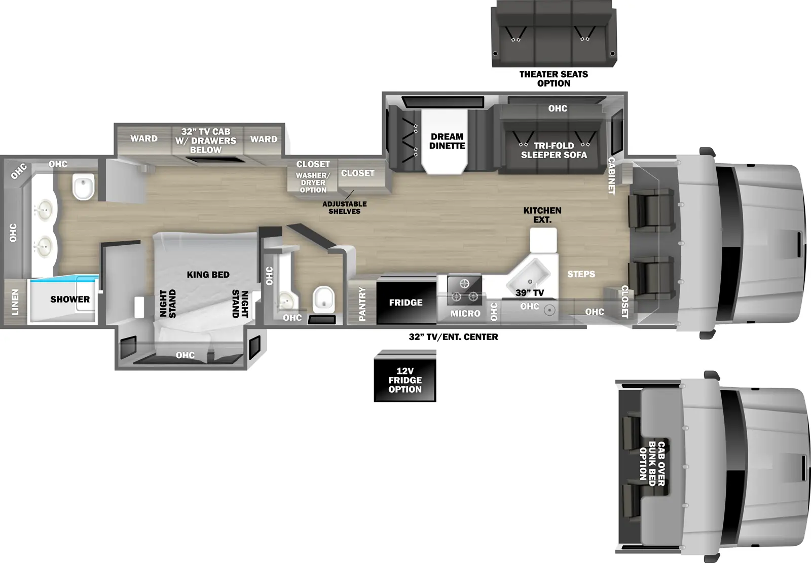 The DX3 37RB floorplan has one entry and three slide outs. Exterior features include: 18' awning and outside entertainment. Interiors features include: rear bathroom, bathroom and a half and bunk over cab.